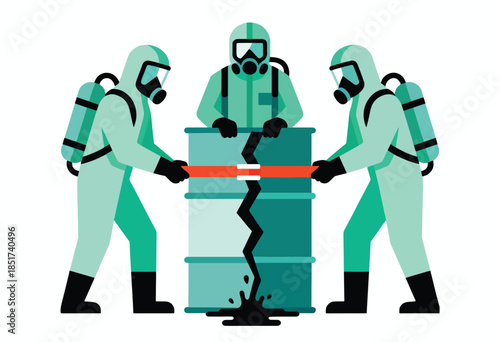 Hazmat-suited figures contain a leaking, cracked barrel