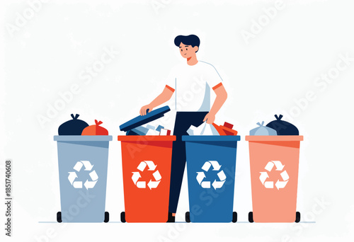 Person sorts trash into colorful recycling bins with white recycling symbols