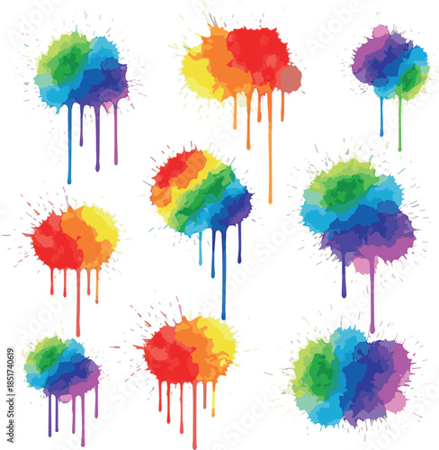 Create Kinds of Rainbow Watercolor Splatter with white background.