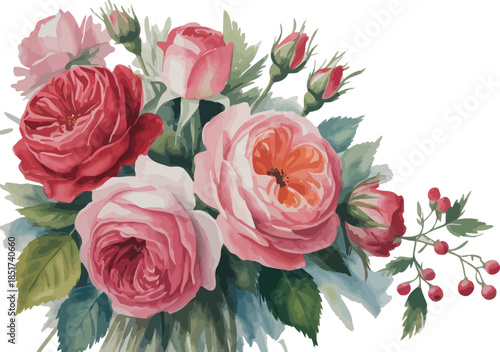 Beautiful bouquet of pink roses and flowers in vase on white background