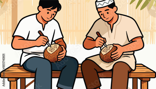 Two men carving designs into coconuts while sitting on a wooden bench