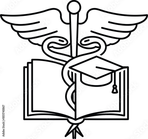 Medical education symbol with rod of asclepius and open book