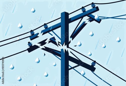 A broken electrical pole with wires snaps during heavy rain