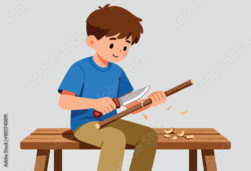 Young boy carves a stick with a knife while sitting at a wooden bench