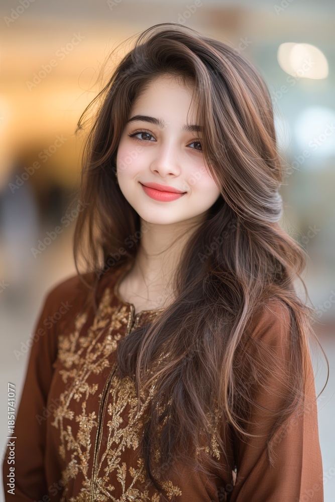 Obraz premium A young woman with long hair and a warm smile wears a beautifully embroidered brown outfit, The soft focus background adds a dreamy atmosphere, making this image ideal for fashion, beauty
