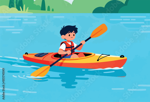 Young boy paddles orange and yellow kayak on blue water with green trees in background