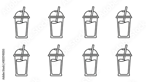 Seamless pattern of outline icons representing cold drinks in plastic cups with straws