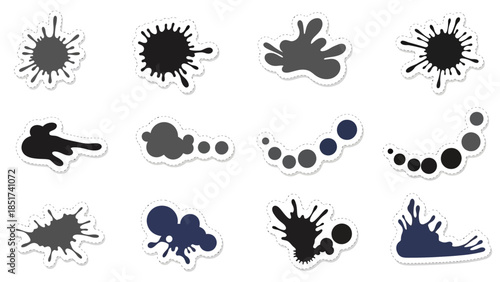 Dynamic collection of abstract ink splatters and paint blot graphic elements, presented as versatile stickers with subtle shadow, ideal for creative design projects and digital art
