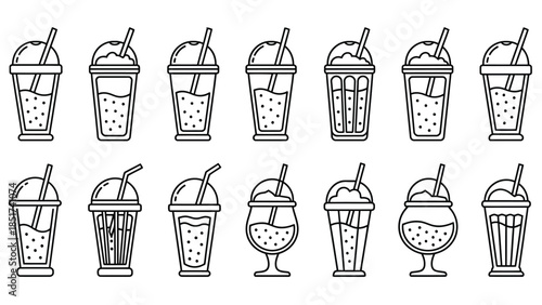 Collection of black and white line icons depicting different styles of cold drinks with straws