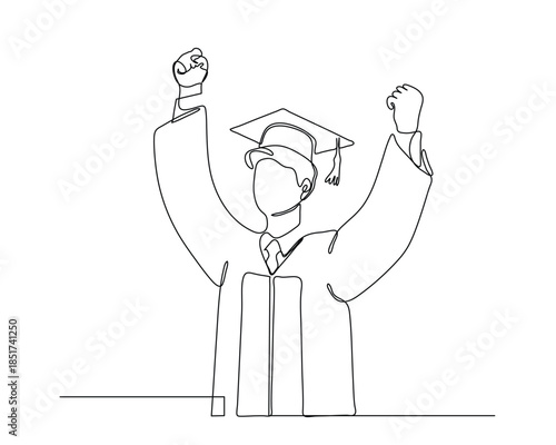 Graduate in Cap and Gown Raising Arms - Minimalist Continuous Line Drawing of Academic Celebration