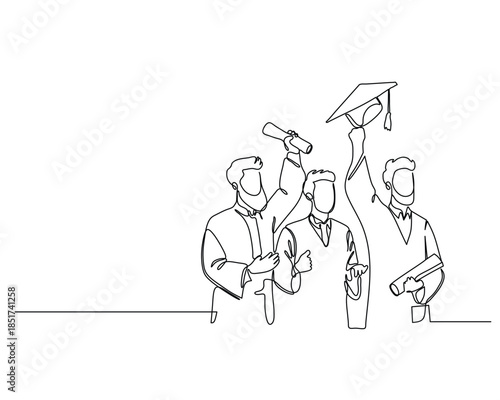 Minimalist Line Drawing of Three Graduates Celebrating  Continuous One Line Academic Illustration
