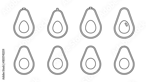 Set of eight black and white avocado icons illustrating different stages of ripeness and seed presence