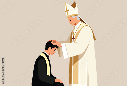 Religious figure blessing kneeling man