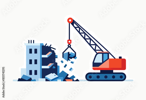 Wrecking ball crane demolishing a building, breaking it apart into rubble