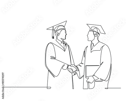 Minimalist Line Drawing of Two Graduates Shaking Hands – Continuous Line Academic Illustration