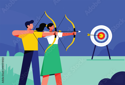 Two individuals practicing archery, aiming at a target with an arrow