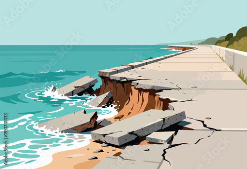 Eroded concrete walkway along the coast with waves crashing against crumbling sections