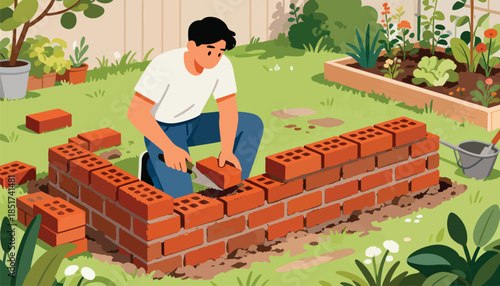 Man building brick wall in garden