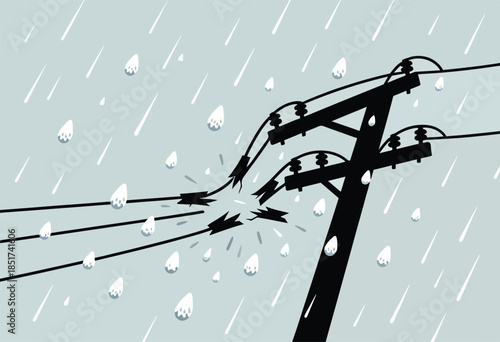 A damaged power line snaps during a heavy rainstorm, causing sparks
