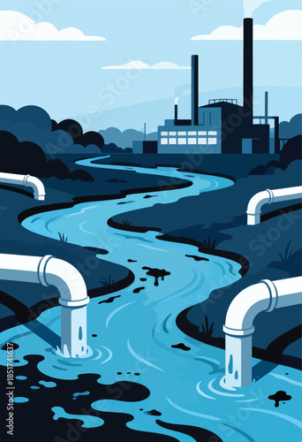 Industrial pipes discharge waste into a polluted river