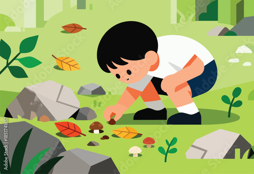 A curious child crouches down, exploring a forest floor with mushrooms and leaves