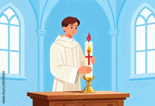 A person in a white robe holds a lit candle with a red cross in a church interior