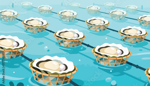 Rows of pearl oysters in baskets submerged in blue water, with subtle ripples