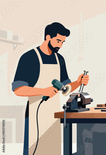 Man in apron using tool on metal object secured in workbench vise