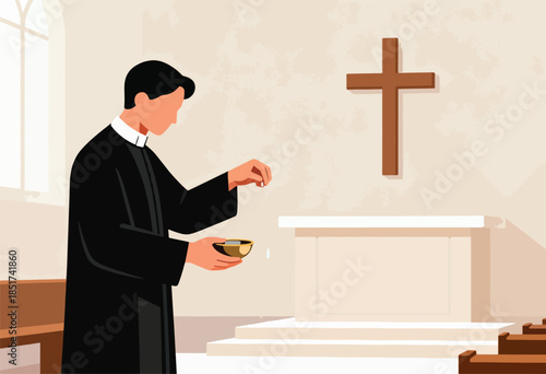 Clergy performing a religious ritual with a chalice and holy water