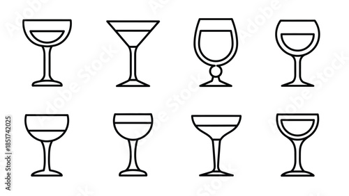 Collection of eight different black outline icons representing various types of elegant beverage glasses
