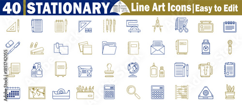 Stationary line art icons are easy to edit for office school supplies design.