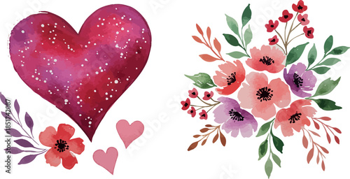Watercolor heart and floral arrangement on white background