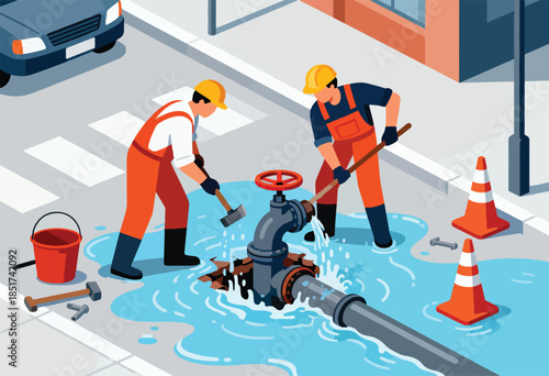 Workers fix a burst water pipe in street, causing flooding