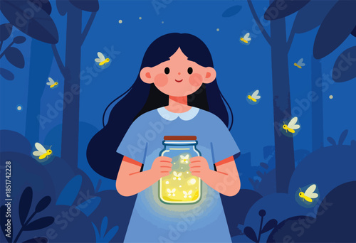 Child holding jar filled with glowing fireflies in a dark forest