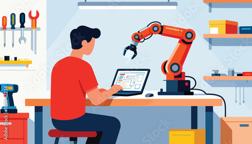 Person programming robotic arm on laptop in workshop with tools
