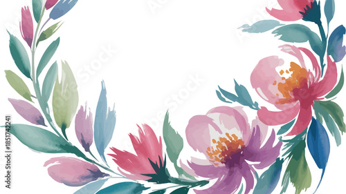 Watercolor floral letter u decoration with pink flowers and green leaves