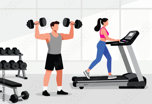 People exercising with weights and on a treadmill in a gym