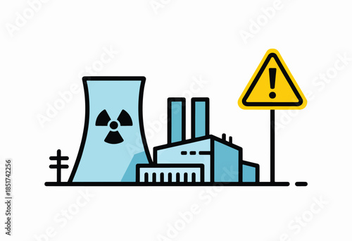 Stylized nuclear power plant with warning sign, indicating danger
