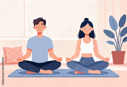 A couple meditates peacefully side-by-side in a calming, minimalist room