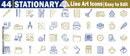 Stationary line art icons are easy to edit for office school supplies design.