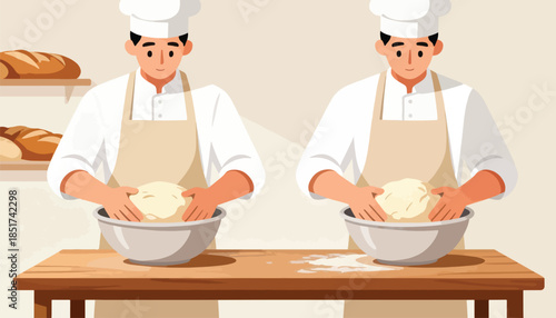 Two bakers in chef hats and aprons knead dough in bowls on a wooden table