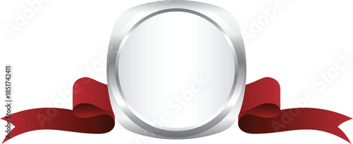 Silver Rounded Square Badge with Red Ribbon Graphic. Mockup and Template Design.