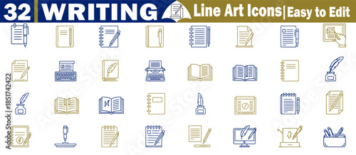Writing line art icons for creative work and education vector illustration. 