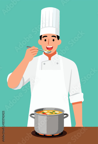 Chef tastes a spoonful of hot soup from a pot on the stove