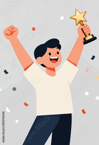 Joyful person holding up a star trophy with confetti