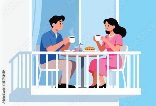 Couple enjoys coffee and breakfast on balcony