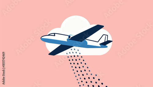 Stylized airplane emerges from a cloud, dropping a trail of blue dots on pink