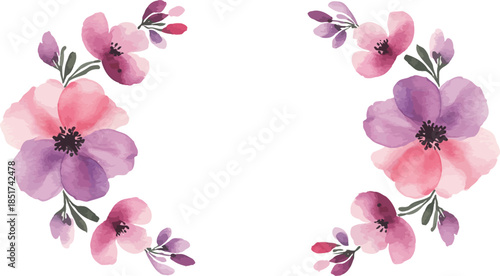Watercolor illustration of pink flowers on white background in floral arrangement