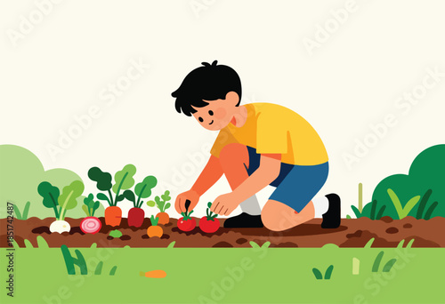 Young person tending to fresh vegetables growing in a garden bed