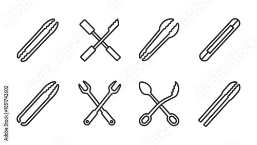 Collection of black outline icons representing various types of barbecue and kitchen tongs and utensils